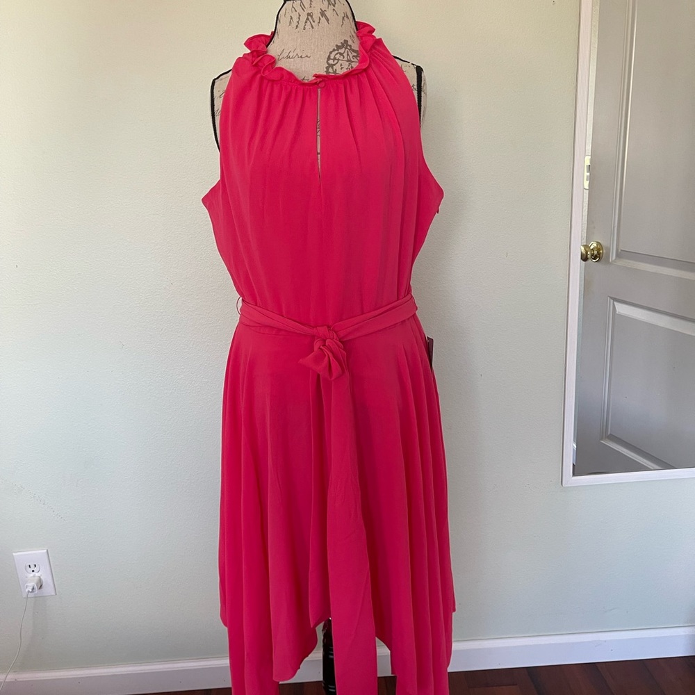 Eliza J coral dress with handkerchief hem.